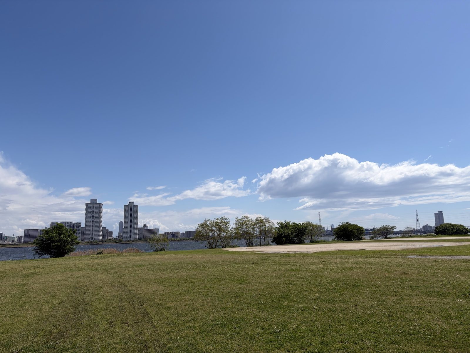 宿のすぐ近く、淀川の河川敷。広い芝生の向こうに大阪のビル群
